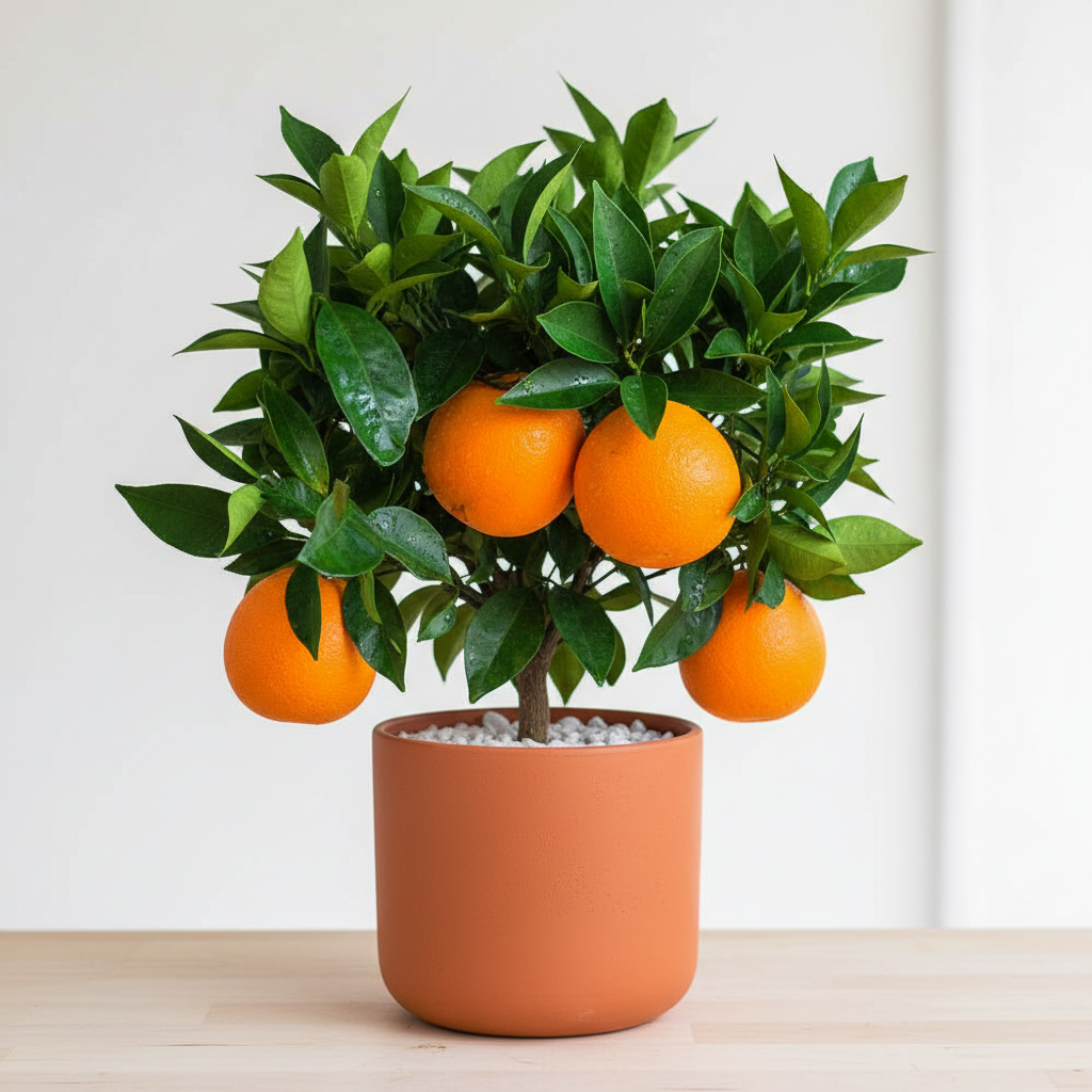 A potted orange tree with four ripe oranges, set in a terracotta-colored pot on a light wooden surface against a plain white background.