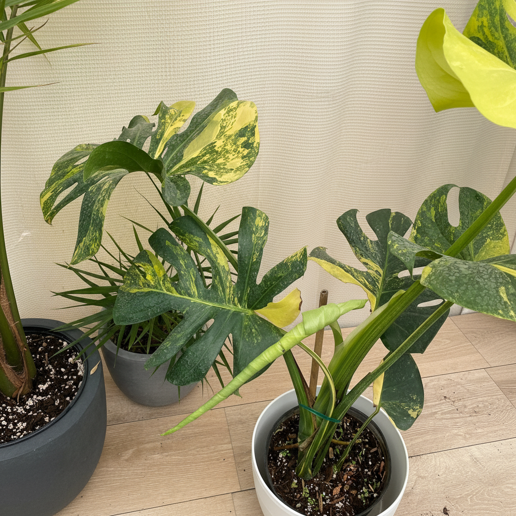 single Monstera Deliciosa Aurea Highly Variegated Rare and Exotic in a pot