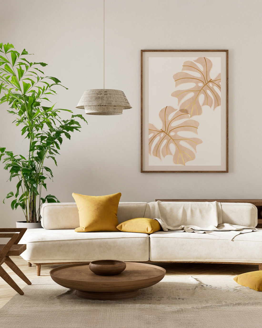 Fish Tail Palm displayed in a modern living room beside a cream-colored sofa, featuring lush green tropical foliage and multiple upright stems in a decorative indoor setting