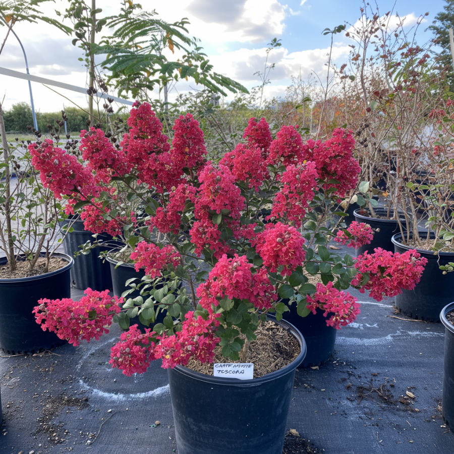 A potted flowering crape myrtle shrub with dense clusters of bright pink blossoms and green leaves, shown in a black nursery pot outdoors among other potted plants.