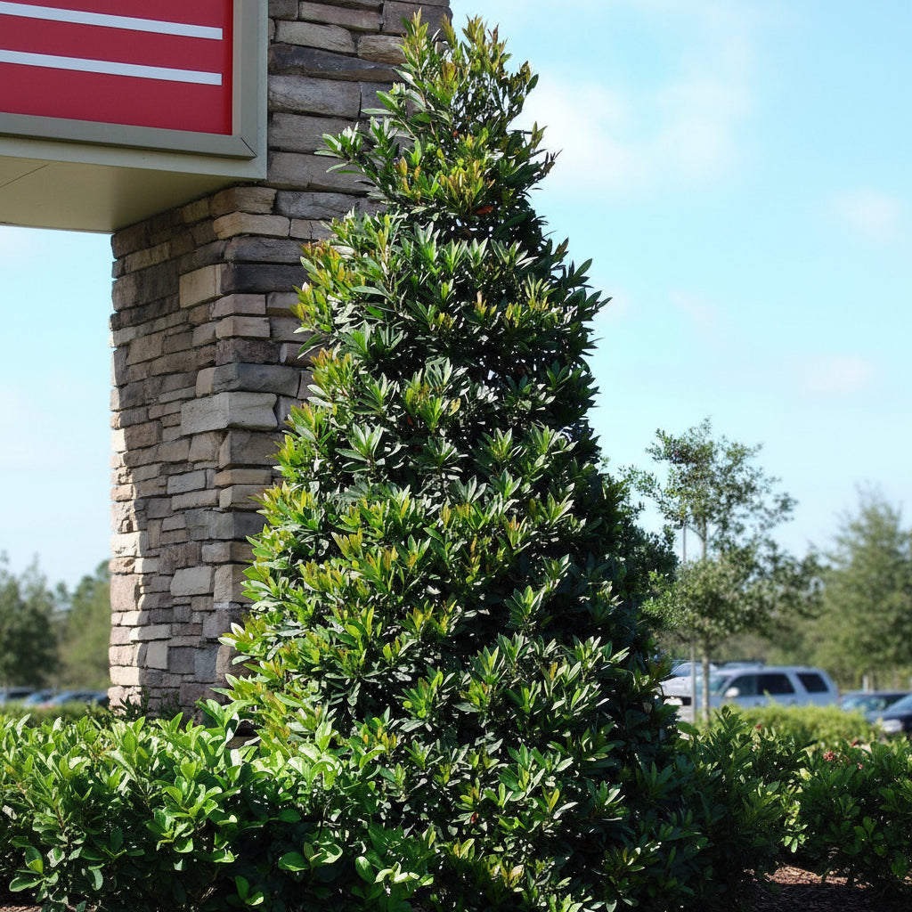 Topiary Cone Japanese Blueberry Tree Fully Grown Planted in Front Home