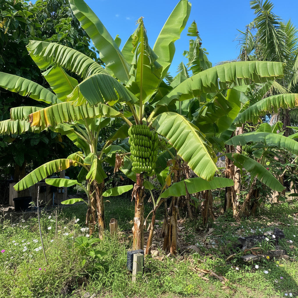 A sunlit outdoor view of a grove of mature banana plants featuring thick trunks