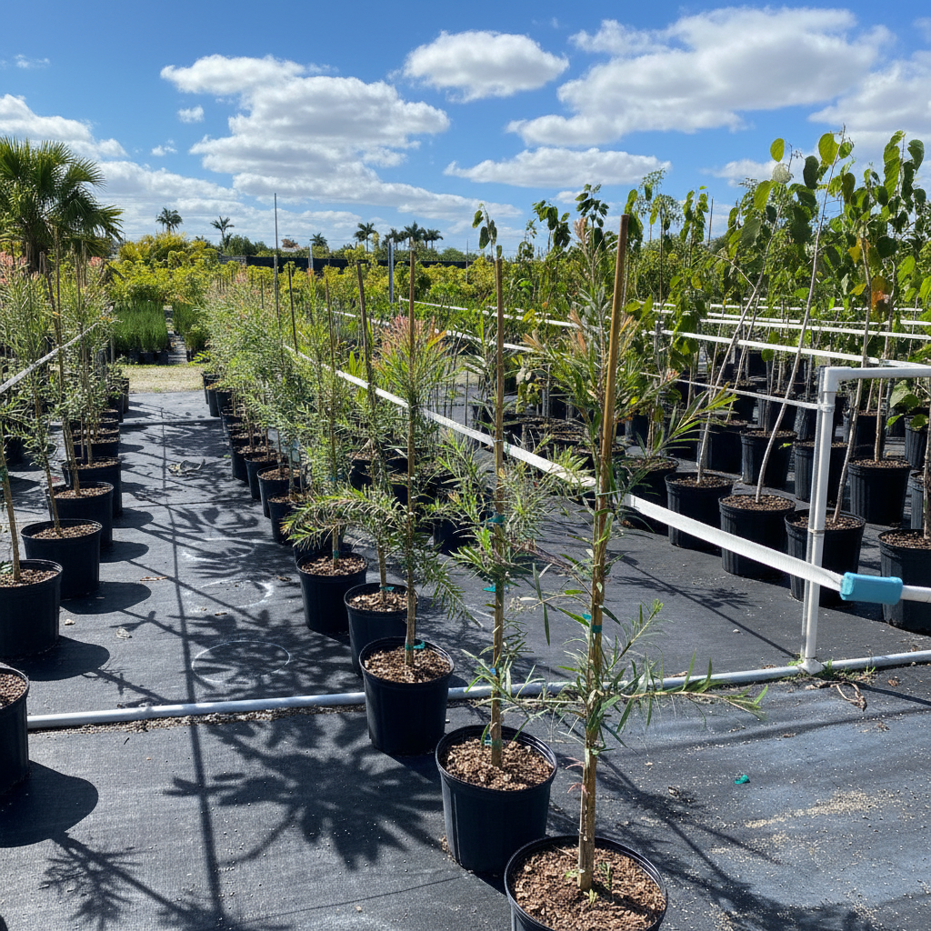 A row of potted young trees on a black ground cover under a blue sky with clouds. The plants are in black pots and supported by white trellis frames.