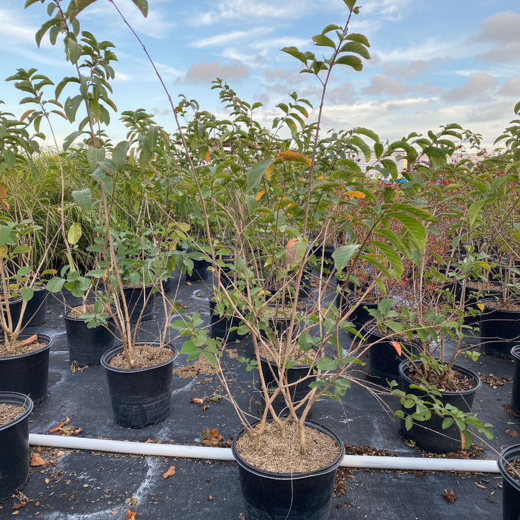 Young potted Muskogee Crape Myrtle tree sapling in an outdoor nursery.