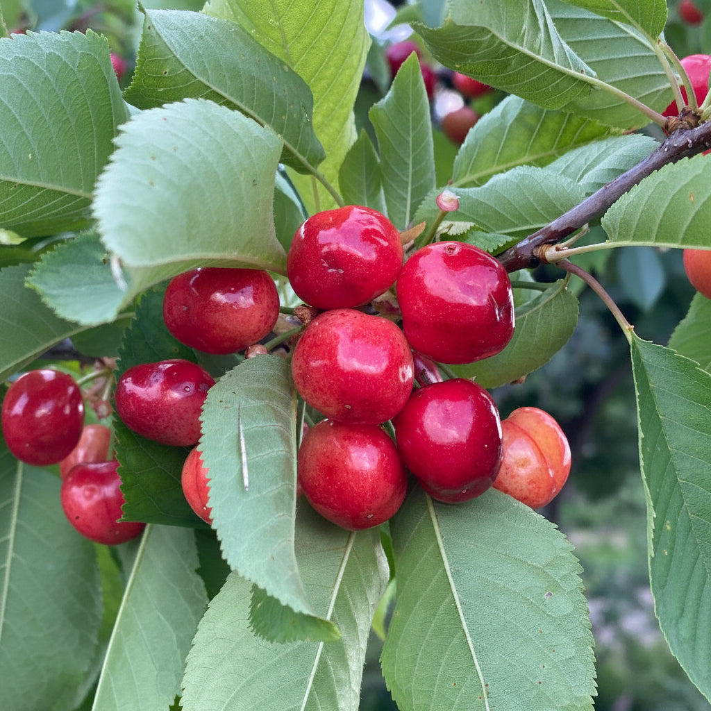 A close-up view of vibrant red, ripe Barbados Acerola Cherries and bright green foliage growing on a branch