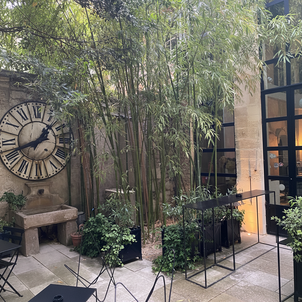 A courtyard patio with tall bamboo, a large Roman numeral wall clock, stone planters, black metal chairs, and a modern glass-walled building in the background.