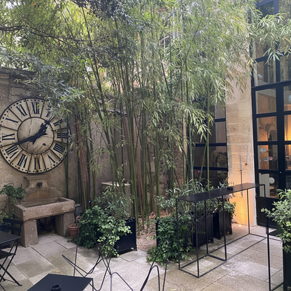 A courtyard patio with tall bamboo, a large Roman numeral wall clock, stone planters, black metal chairs, and a modern glass-walled building in the background.