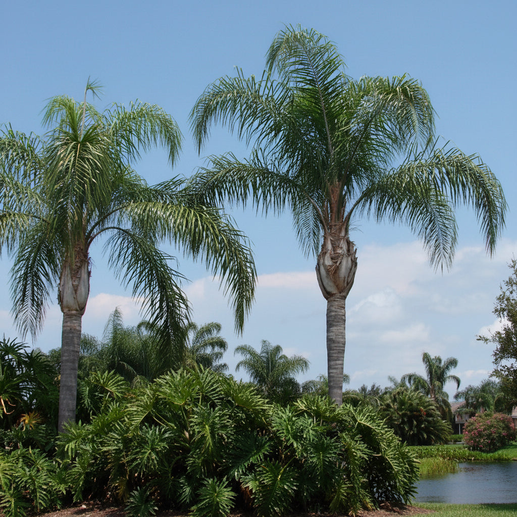 Mule Palm, Butiagrus Nabonnandii X a clear blue sky.