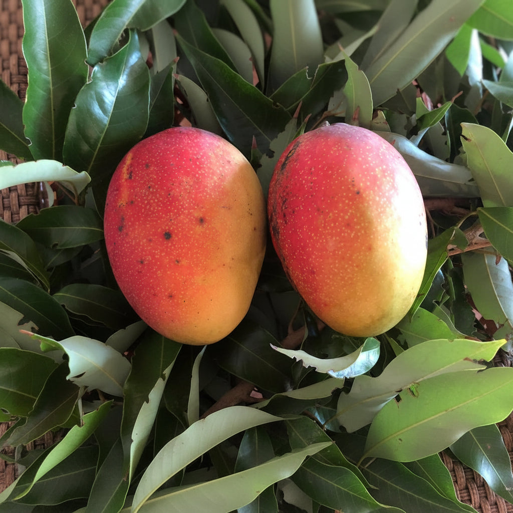 Two Glenn mangos ripening on a tree branch