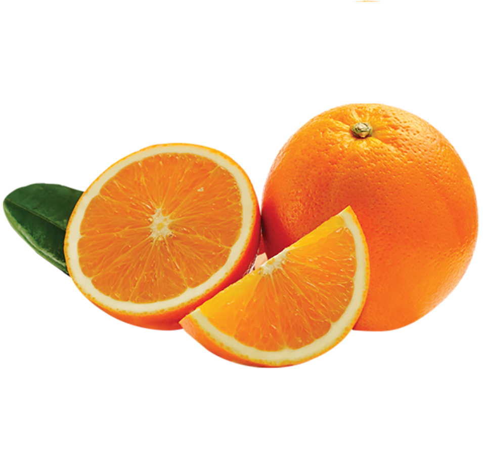 A whole orange, a half, and a slice on a white background