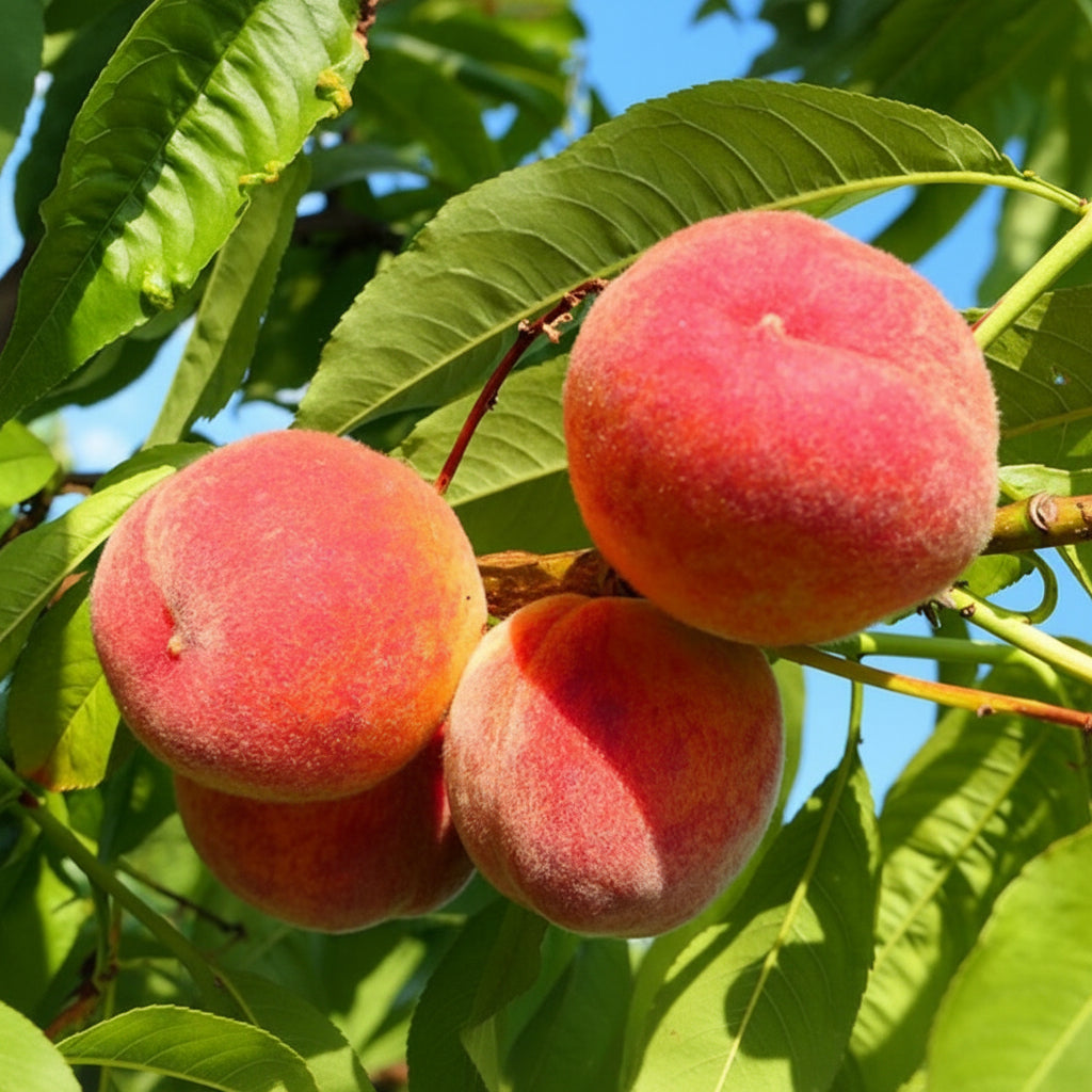 A close-up view of a cluster of three ripe, vibrant red FlordaGrande Peaches growing on a branch