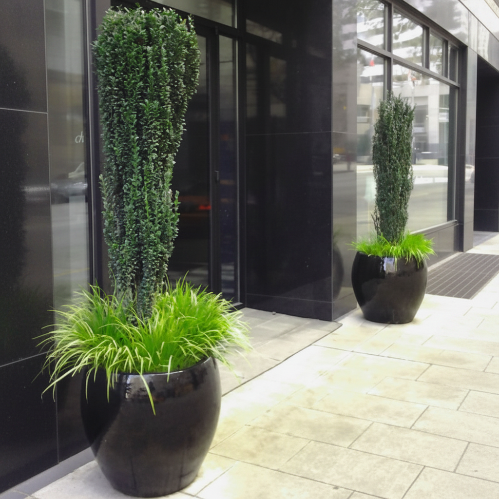 A potted Sky Pencil Holly shrub outside a modern building.