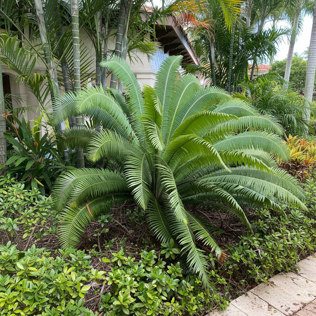 Mature Dioon Spinulosum, Mexican Cycad, Gum Exotic Palm with large feathery arching light green fronds, showing full grown landscape appearance ideal for formal landscape vertical accents and tropical gardens.