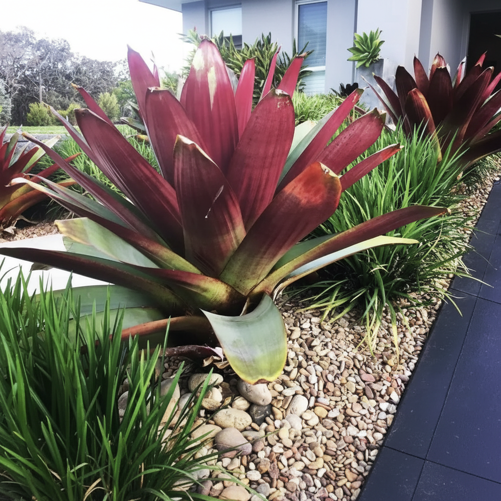Bromeliad Alcantarea imperialis Tropical plant with red and green leaves in a garden setting